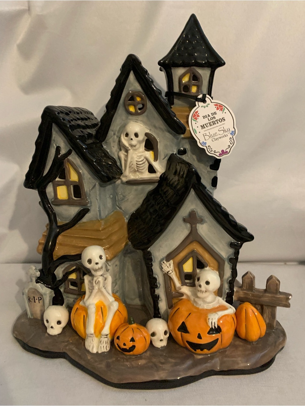 Blue Sky Halloween Ceramic Haunted House in Black, Gray, Orange, White